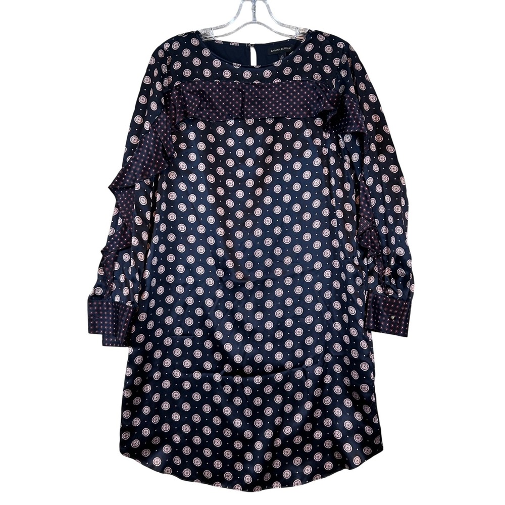 Banana Republic Womens 4 100% Silk Ruffle Medallion Print Shift Dress‎ Navy Blue